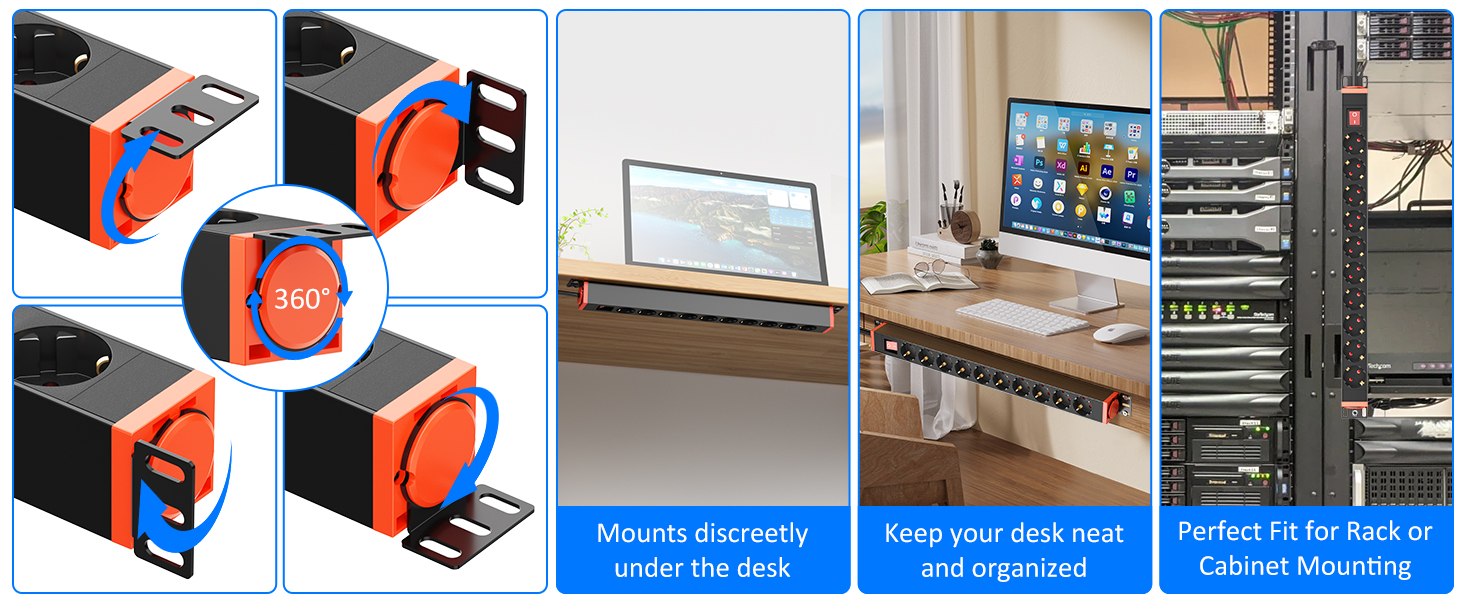 Мережевий фільтр 10 розеток з захистом від перенапруги, поворотний на 360°, для кріплення на стіну, кабель 1,8м, 16A/4000W, для офісу та дому, чорний