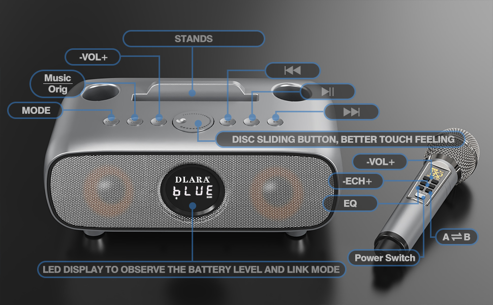 Караоке машина DLARA з Bluetooth, 2 UHF мікрофони та підтримка USB/TF карт, портативна для дорослих та дітей, PA-система, блакитна (сірий про)