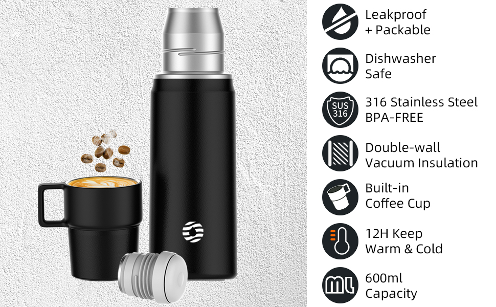 Термос-термокружка 850 мл з чашкою, нержавіюча сталь, ізольована пляшка, для кави, чаю, напоїв, 12h тепла/24h холоду, без BPA, для кемпінгу, відпочинку на природі (зелений)