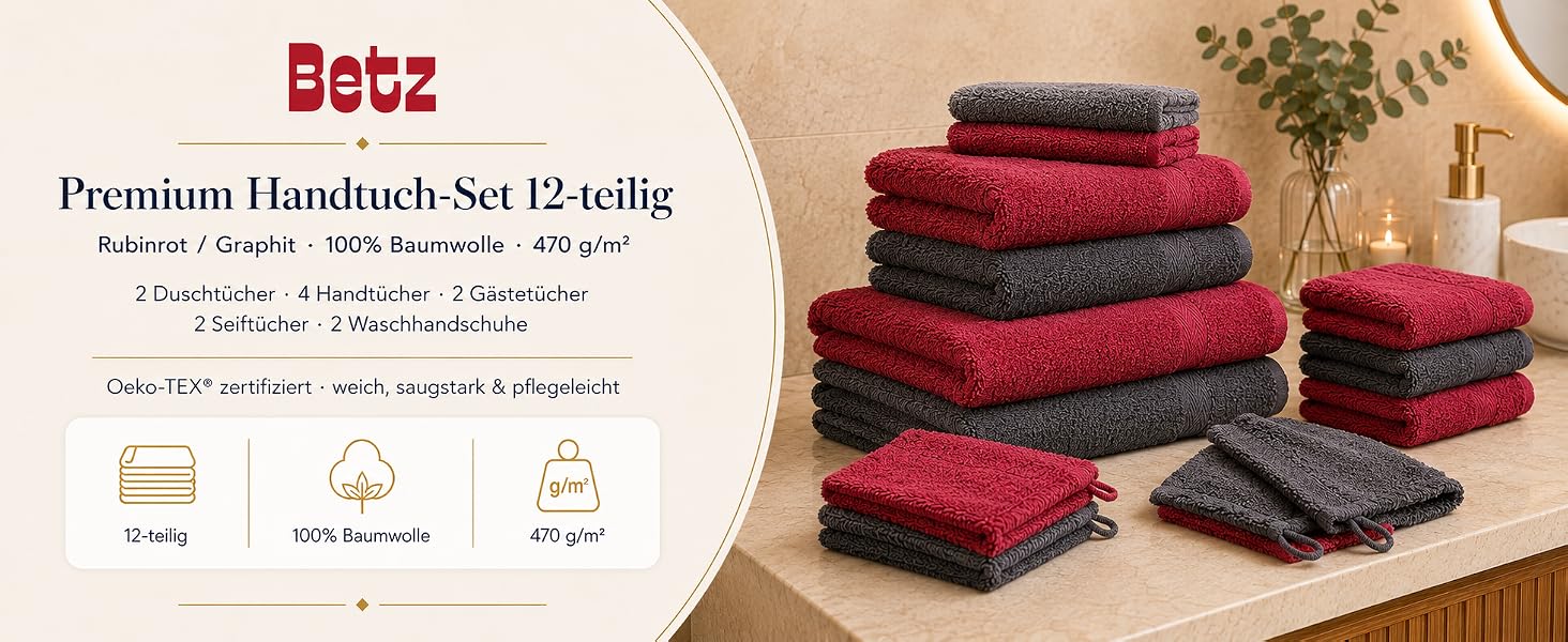 Набір рушників Betz Premium 12 предметів, 100% бавовна, Oeko-TEX Standard 100, 470г/м², колір рубіново-червоний/графіт