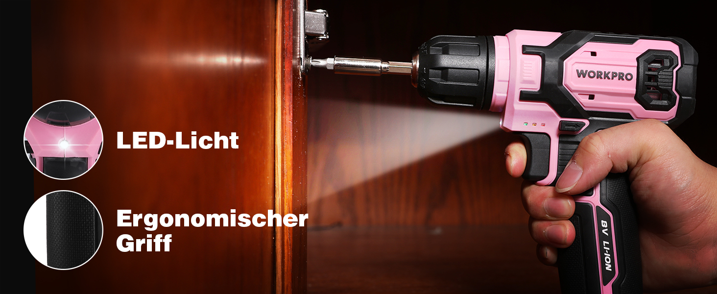 WORKPRO 8V акумуляторний дриль-шуруповерт, комплект з кейсом, 2000 mAh, 10 мм патрон, 12 Н·м, LED-ліхтик, 21 шт. аксесуарів, для ремонту та DIY, сірий & зелений (рожевий & чорний)