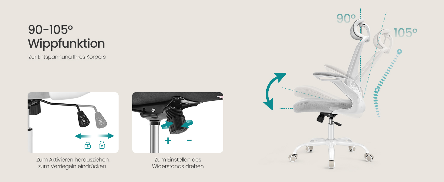Офісне крісло SONGMICS з ергономічною спинкою з сітки, підпору для попереку та підголівником, функцією гойдання, регульованими підлокітниками, для офісу, спальні, студентів, OBN37BK (Тауновий сірий)