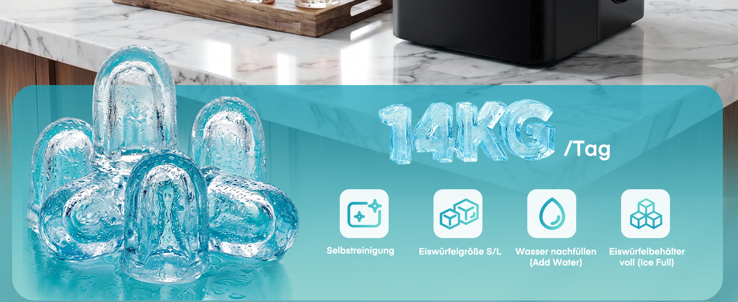 Льодогенератор FOHERE на 14 кг з функцією самоочищення, 2 розміри льоду, для кухні, офісу та бару, чорний