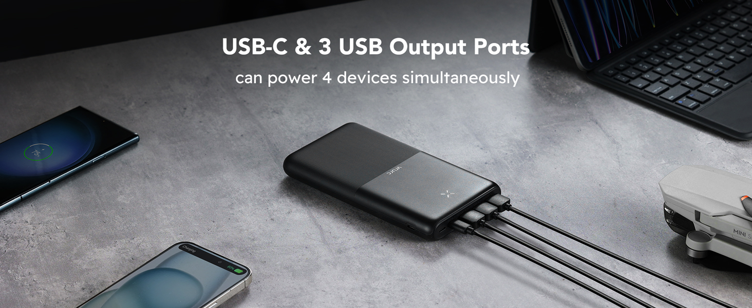 Power Bank VRURC 30000mAh 22.5W з 4 виходами та 3 входами: зарядний пристрій для iPhone, Huawei, планшетів (чорний)