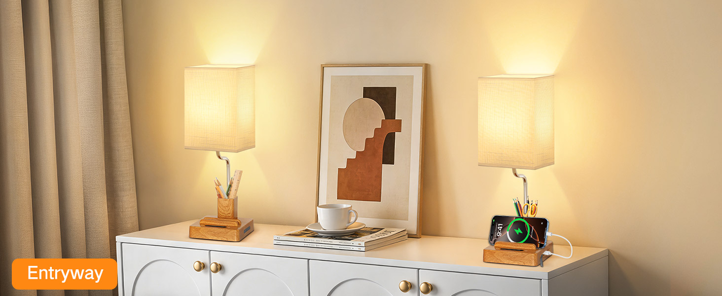 Настільна лампа світлодіодна OUTON 8000mAh бездротова з підставкою для ручок, акумуляторна, тканинний плафон, 3 режими світла, сенсорне керування, димування, індикатор заряду