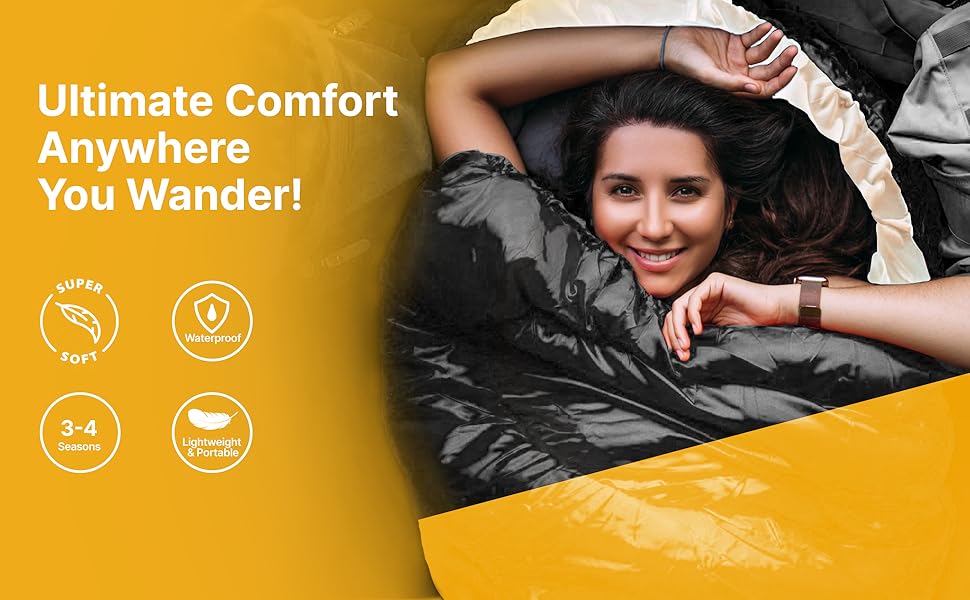 Спальний мішок Azark Leichter Premium для дорослих та дітей, 400 г/м², 4 сезони, водонепроникний, зручний та портативний, машинне прання, для кемпінгу та походів, чорний / зелений (чорний/гірчичний)