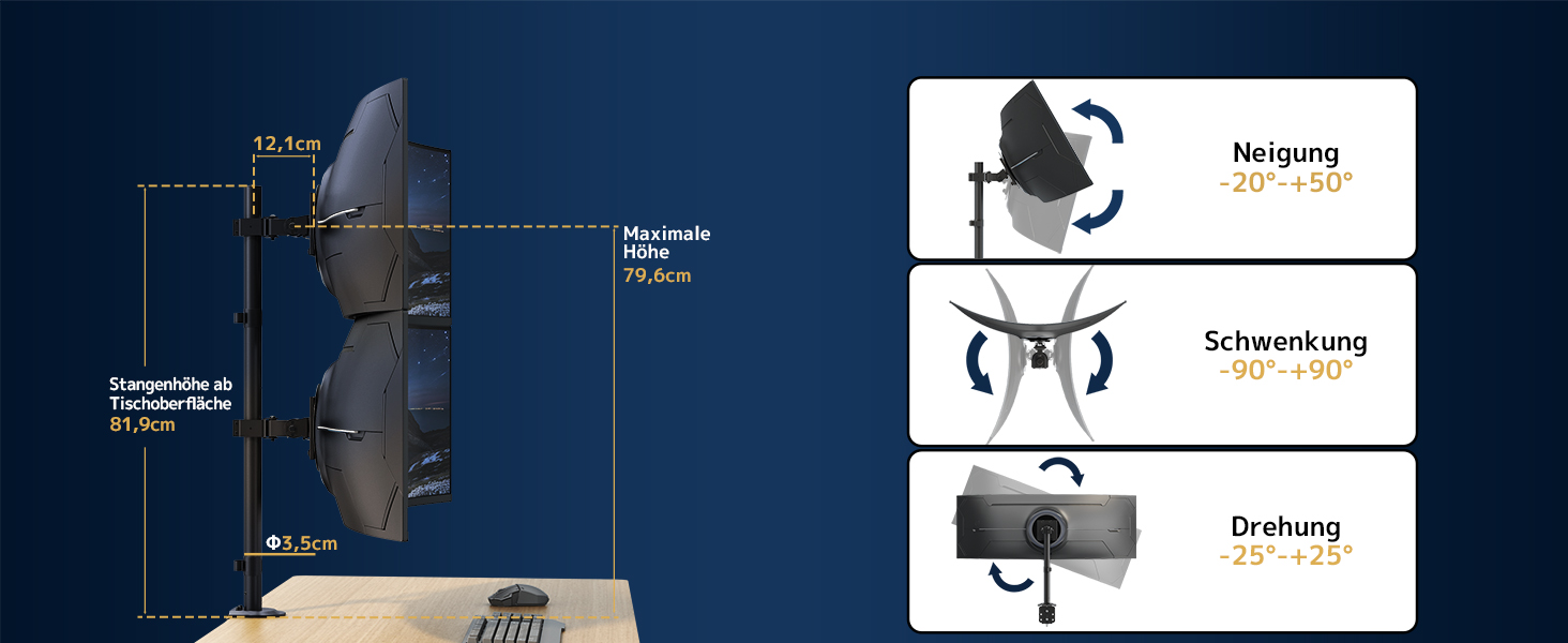 Кріплення для монітора 2 шт. один над одним, 17-49 дюймів, плоскі та вигнуті екрани, вертикальне кріплення, регулювання висоти, 20 кг на кріплення, VESA 75/100 мм, чорний