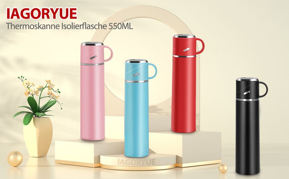 Термос IAGORYUE з нержавіючої сталі, 0.55л, з виливним кришкою та ручкою, подвійні стінки, зберігає тепло/холод до 12 годин, для спорту, офісу, відпочинку на природі (червоний)