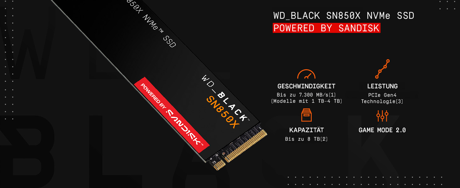 SSD WD_BLACK SN850X 1TB NVMe PCIe Gen4 - ігровий накопичувач, 7300 МБ/с читання, 6300 МБ/с запис