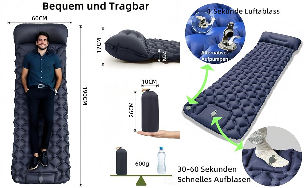 Надувний килимок Isomatte самонадувний, з'єдний, для кемпінгу з насосом-футболом, 600г, легкий, покращена версія