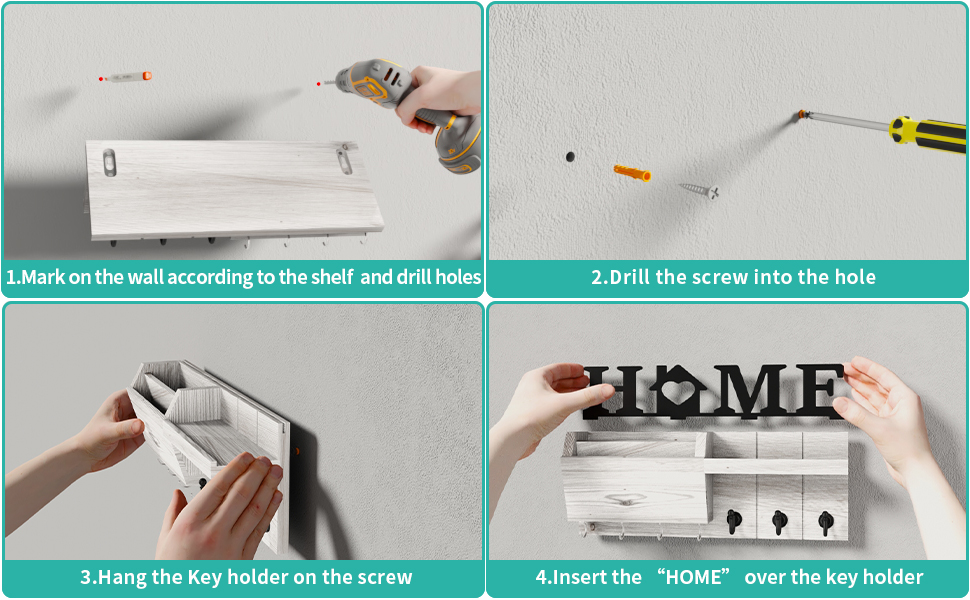 Дерев'яна ключниця HapiRm з декором HOME, 7 гачків, полиця для дрібниць, підходить для прихожої, спальні, офісу (біла)