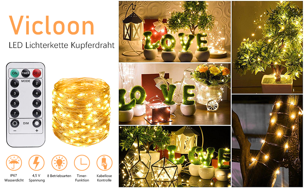 Ланцюжок прикрас Vicloon, 10 м, 100 LED, з пультом та таймером, 8 режимів, IP65, тепле світло, для дому та декору