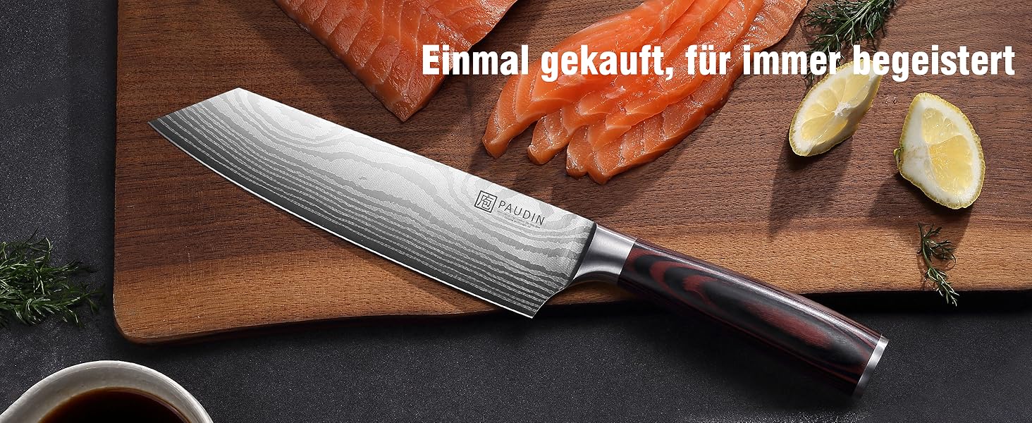 Японський ніж Santoku від Paudin, 20 см, Kiritsuke, з високоякісної сталі, ергономічна ручка, для м'яса, риби та овочів