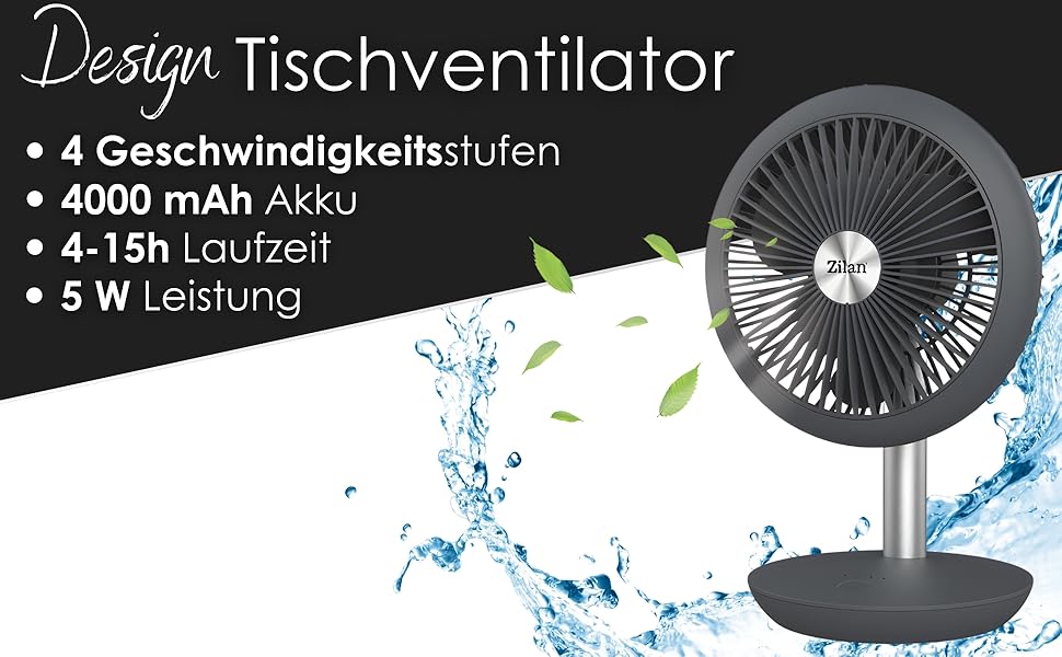 Безшумний настільний вентилятор Zilan | Акумулятор 4000 mAh | Регульований кут 90° | 4 швидкості | 15 годин роботи без дроту | Allegra Anthrazit