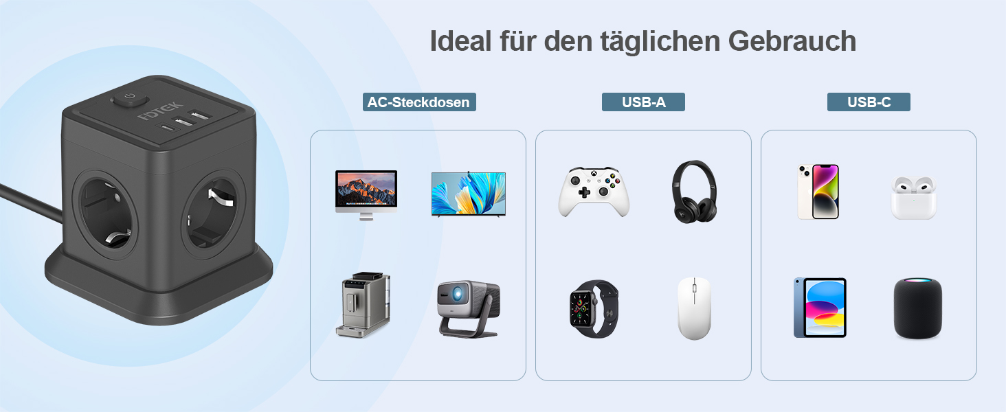 Багатофункціональний мережевий адаптер FDTEK 7-в-1 з USB-C та USB-A, 4 розетки, 2500W/10A, куб з вимикачем, кабель 1.8м, чорний