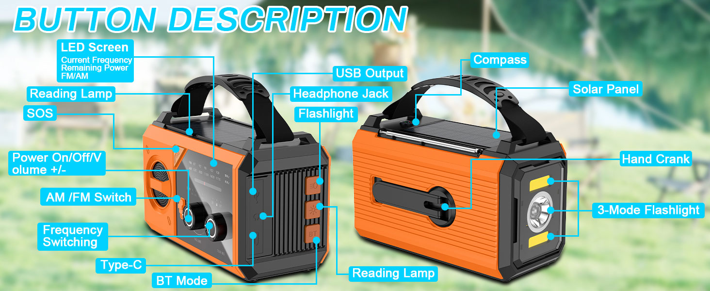 Радіо Kurbelradio на 27000mAh з Bluetooth, сонячне радіо з зарядкою для мобільного телефону, AM/FM портативне аварійне радіо, ліхтарик, зарядний пристрій та комплект для аварійних ситуацій Blackout, для кемпінгу та будівельних майданчиків, помаранчевий