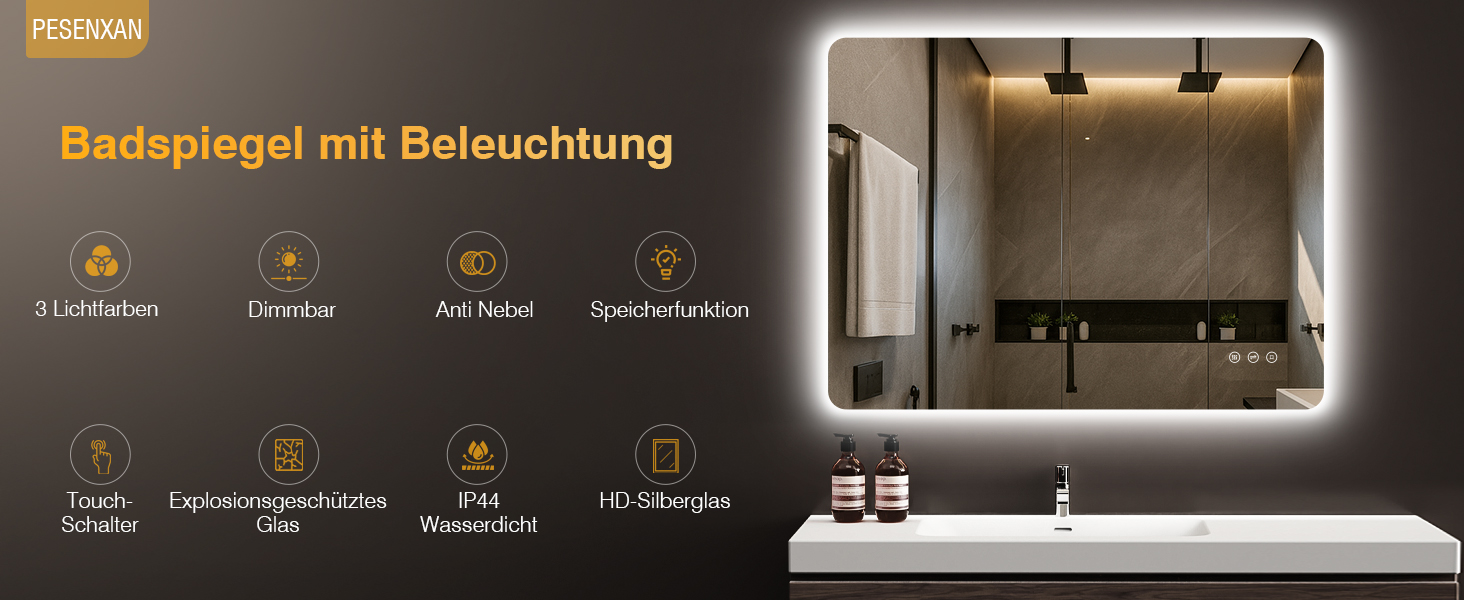 Дзеркало для ванної кімнати з підсвічуванням LED, 100x60 см, 3 кольори світла, регулювання яскравості, пам'ять, сенсорне управління, IP44, захист від вологи