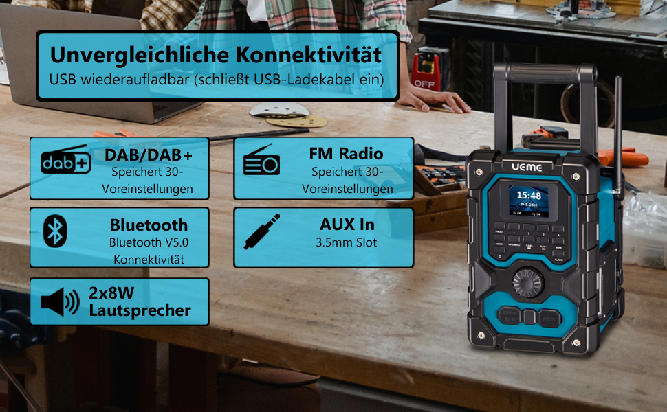 Радіо для будівельного майданчика з DAB+, FM, Bluetooth 5.0, 16W, акумулятор 8000mAh, USB-зарядка, Aux, захист від пилу та вологи (блакитне)