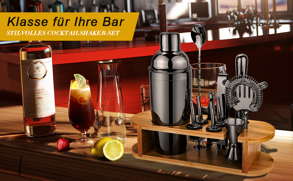 Набір шейкерів для коктейлів з підставкою, професійний, 12 предметів, нержавіюча сталь, для дому, чорний
