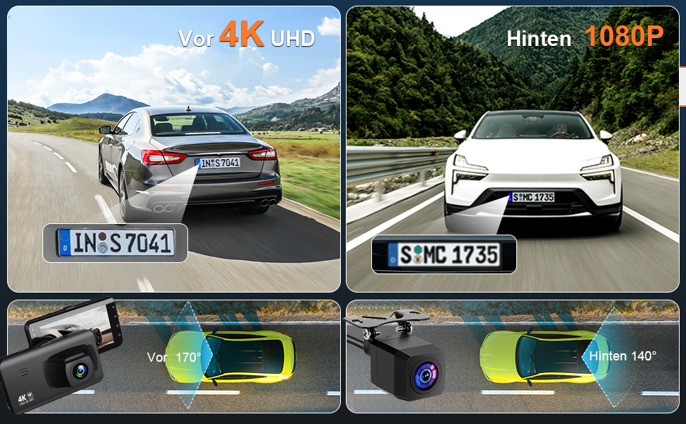 Відеореєстратор у машину Dashcam 4K з двома камерами, WiFi, 64GB SD карта, паркувальний асистент, нічне бачення, 170°+140° кут огляду, 3' IPS дисплей, G-сенсор, циклічна запис, паркування, підтримка карт до 256GB