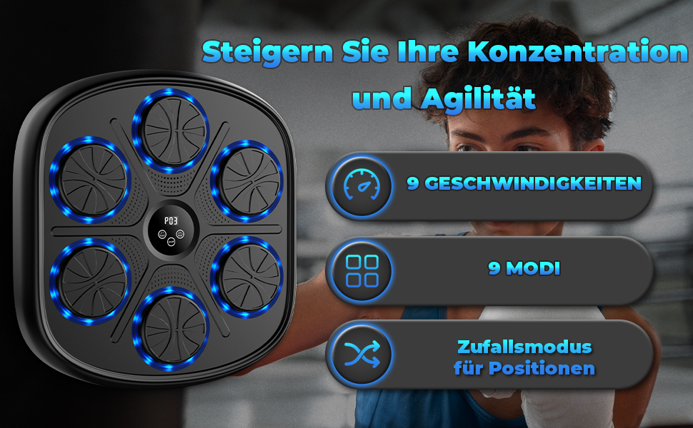 Музична боксерська машина з LED-підсвічуванням та Bluetooth, 9 режимів швидкості, з рукавичками, чорна