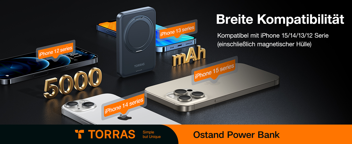 Power Bank TORRAS 5000mAh з MagSafe та кільцем для iPhone 16/15/14/13/12. Бездротовий, USB-C, чорний