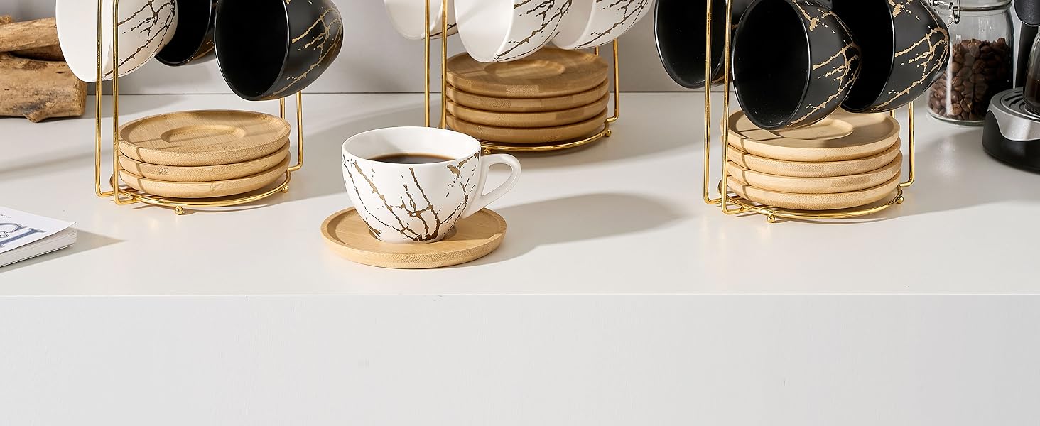 Набір кавових чашок капучіно Home Decor, 4 шт., 220 мл, з металевим підставкою, чорний та білий