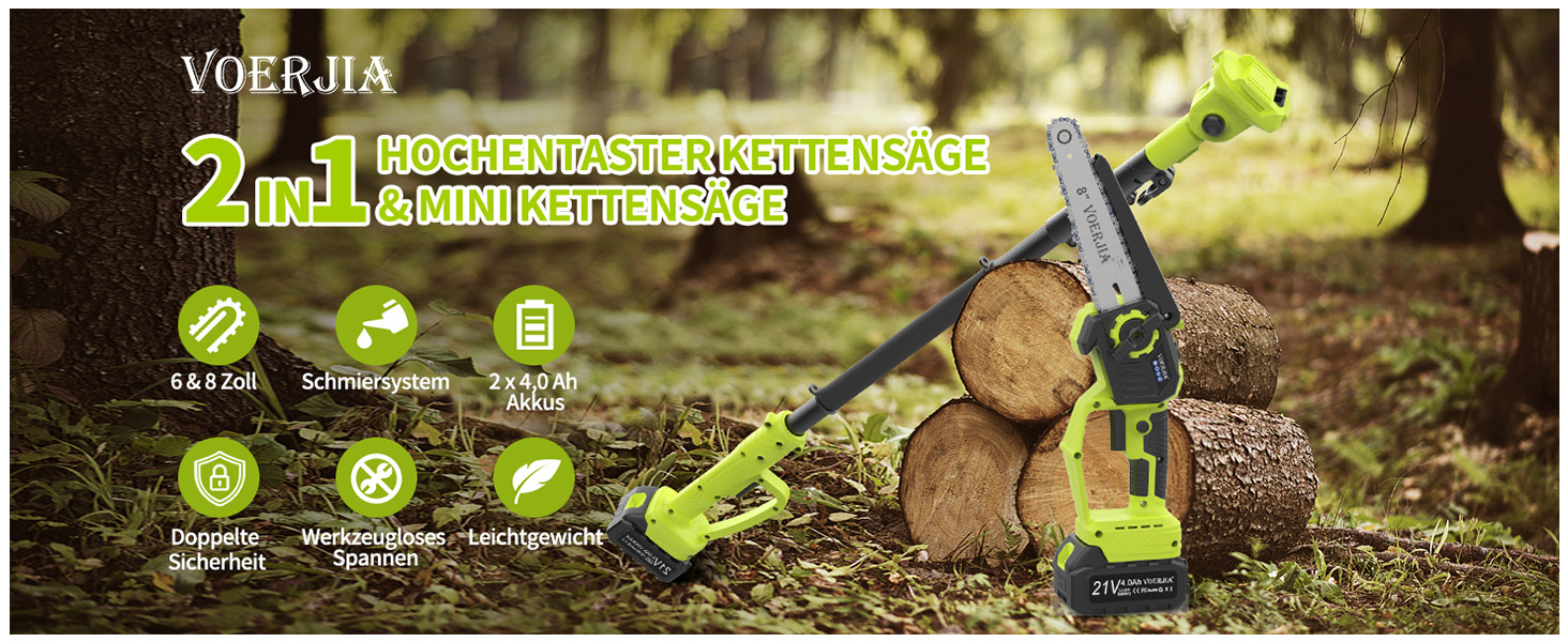 Акумуляторна висоторіз Kettensäge 2-в-1, 6/8 футів, телескопічна штанга, 2x4.0Ah акумулятор, автоматичне змащення, швидка заміна насадок, для обрізки дерев у саду