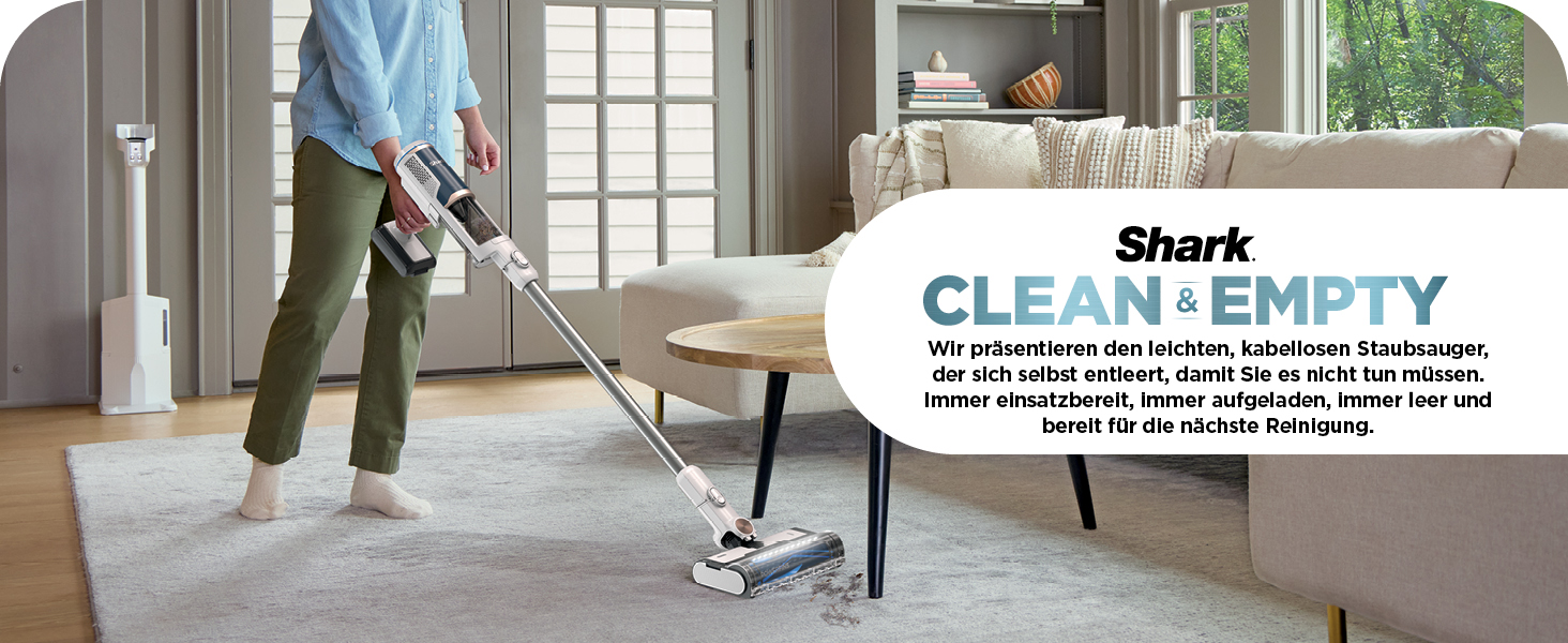 Пылесос Shark Clean & Empty с базой для автоматической выгрузки мусора, до 40 минут работы, беспроводной, самоочищающийся, для шерсти животных, ковров и твердых полов, с LED-подсветкой, тихий, белый/синий, BU3521EU