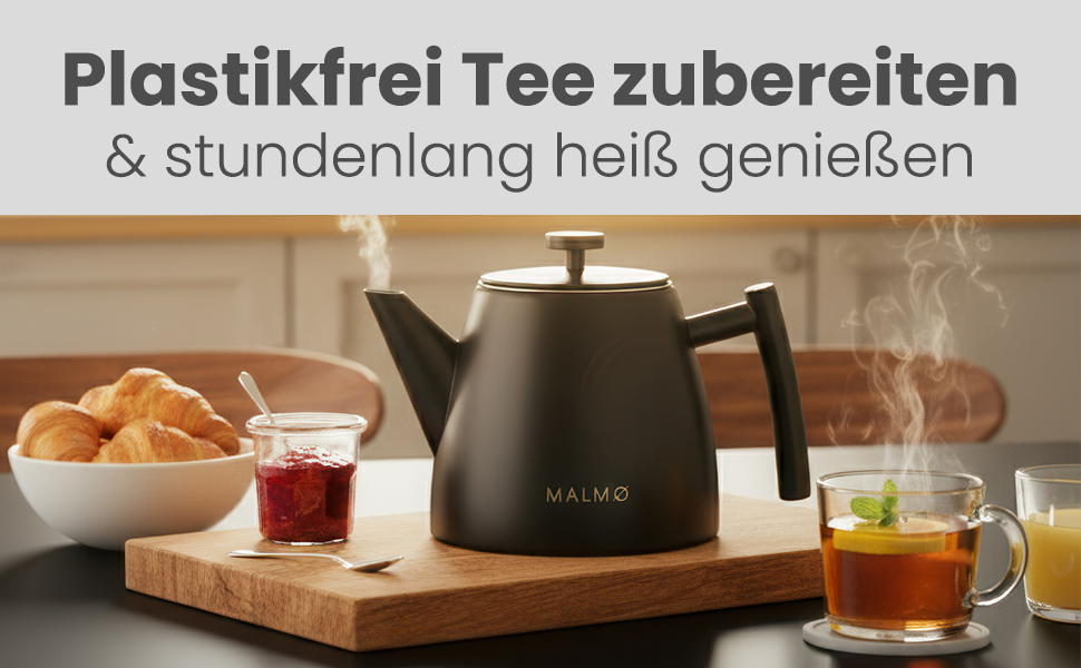 Чайник MALMØ з ситечком - термочайник з подвійними стінками, з нержавіючої сталі 304 - чайник з ситом, 100% без протікань, чорний