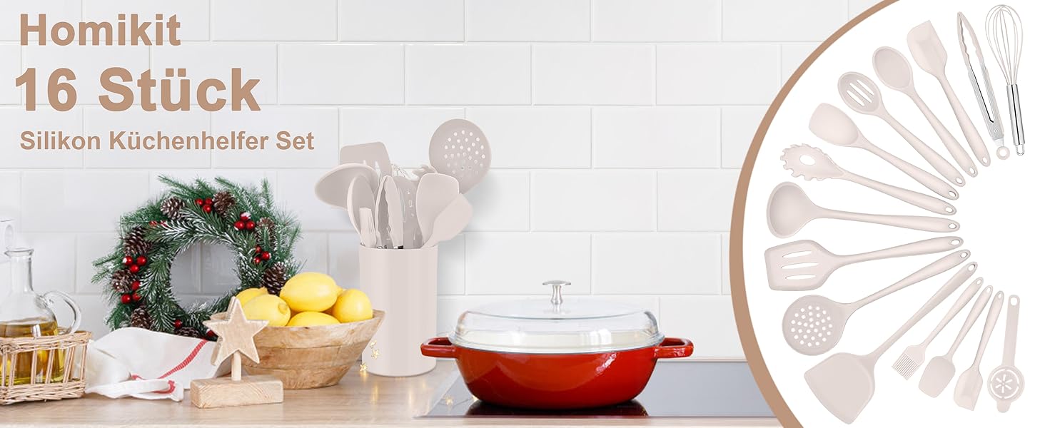 Набір кухонних аксесуарів Homikit, 16 предметів, хакі. Кухонні інструменти з підставкою, стійкі до високих температур, комплект кухонного посуду, придатні для миття в посудомийній машині