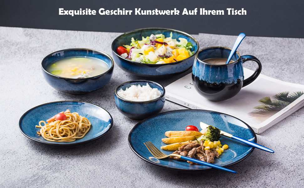 Набір тарілок UNICASA 4 шт. з порцеляни, 16 см, ідеально підходять для супу, десерту, сніданку, сервіз на 4 персони (26 см, блакитний)