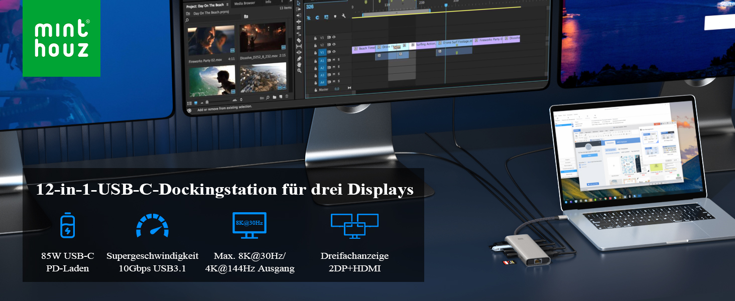 Док-станція Minthouz USB-C для HP, Lenovo, Dell: 12 в 1, 8K@30Hz/4K@144Hz, 4xUSB, 100W PD, 2.5G LAN, SD/TF, 3.5mm, Thunderbolt 3/4