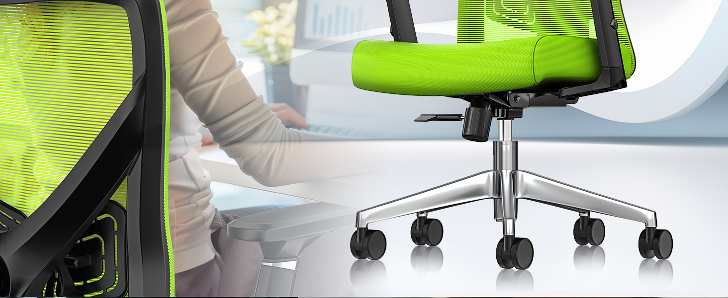 Крісло офісне KESSER® ергономічне з регульованими підлокітниками, підтримкою попереку та підголівником. Офісне крісло з функцією гойдання до 125° та 5 роликами. Зелений/Сріблястий колір