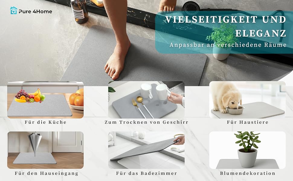 Діатомітовий килимок для ванної Pure 4Home Kieselgur, швидкосохнучий та антибактеріальний, протиковзкий, сірий, 45 x 35 см