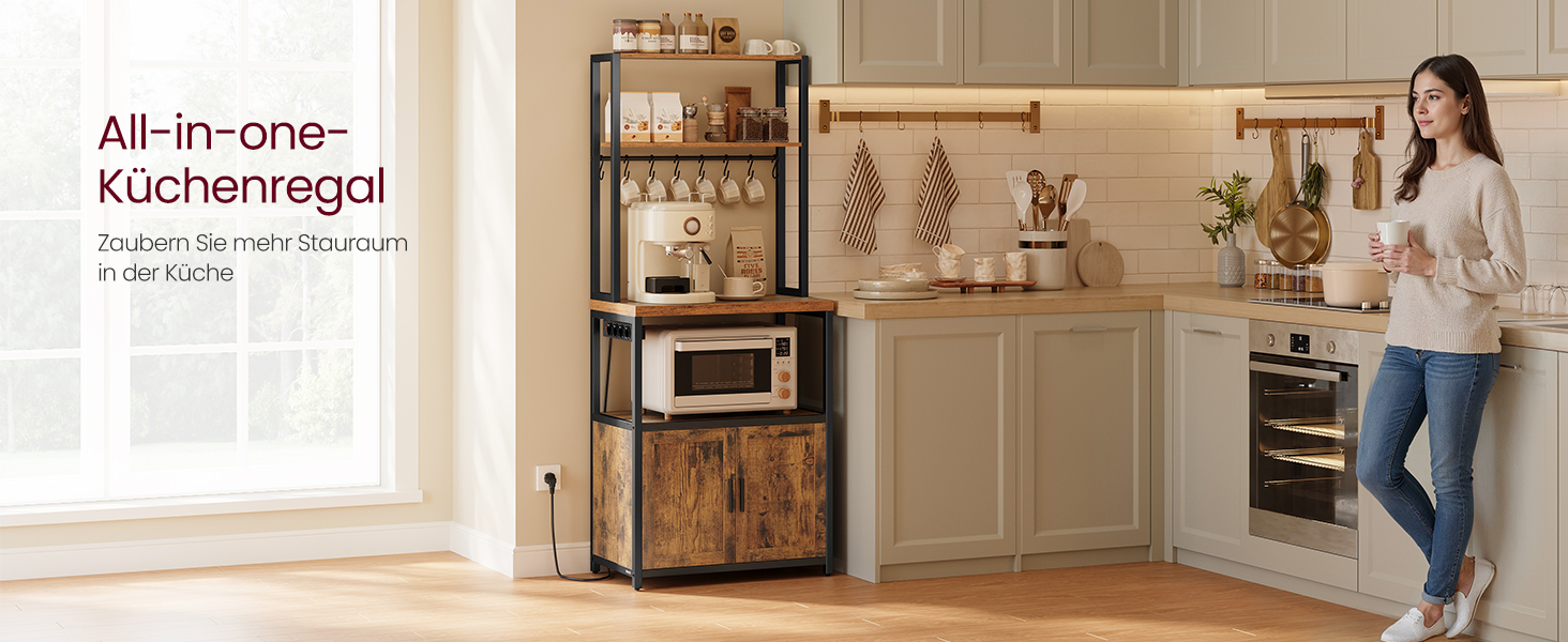 Полиця кухонна VASAGLE з розетками, кухонна шафа, робоча поверхня 90 см, стелаж з 8 гачками, 40 x 60 x 170 см, вінтажний коричневий + чорний, KKS058K02