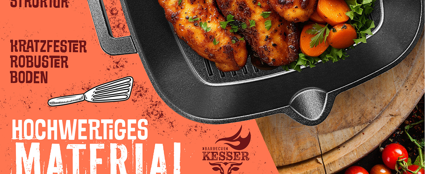 Чавунна сковорода-гриль KESSER® 26 см для індукції, газу, духовки та вугільного гриля | Сковорода для стейків з захисними ручками, кухонна книга та очищувач