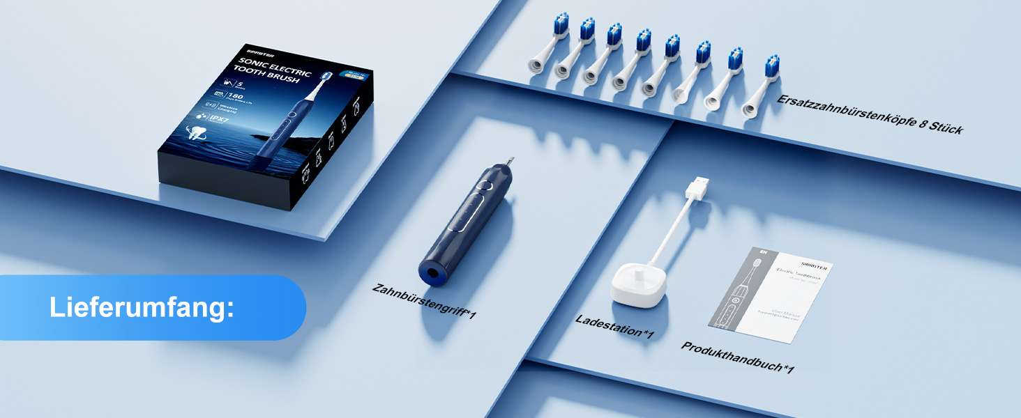 Електрична зубна щітка зі звуковою технологією, 5 режимів, таймер 30s, відбілює зуби за 2 тижні, 8 змінних насадок, IPX7, блакитна