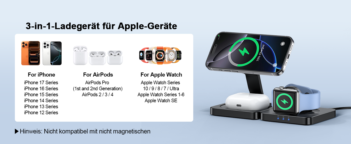 Бездротова зарядна станція 3 в 1 ADADPU MagSafe для iPhone 17/16/15/14/13/12, чорна