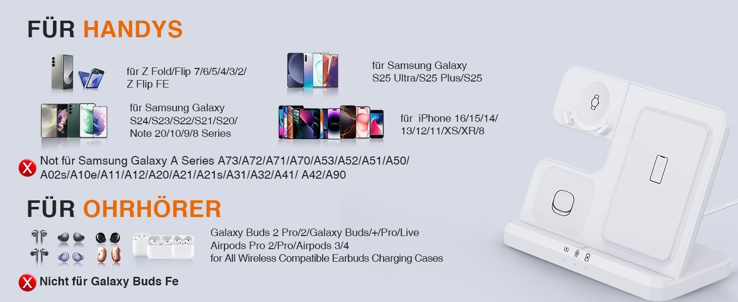 Зарядна станція Induktive 3-в-1 для Samsung Galaxy: Watch, Buds, смартфони (S26 Ultra - S22, Z Flip, Z Fold) - Без адаптера, білий