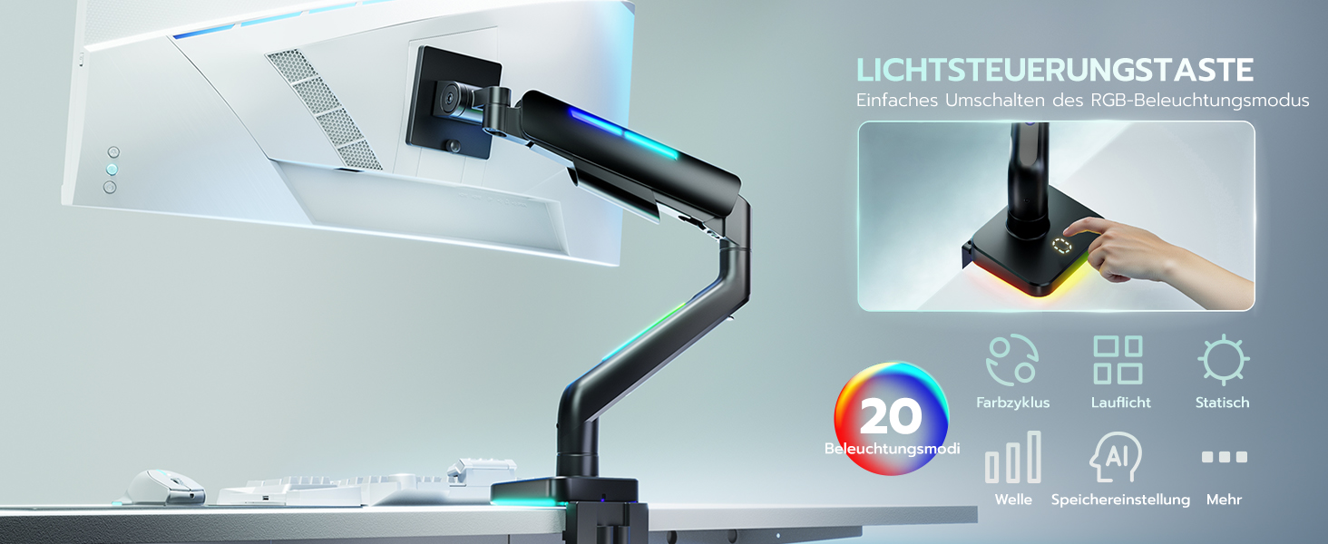 Кріплення для монітора ARES WING RGB - тримач для ігрового монітора, 17-49 дюймів, підходить для важких (20 кг) та вигнутих моніторів, регульована висота, чорний