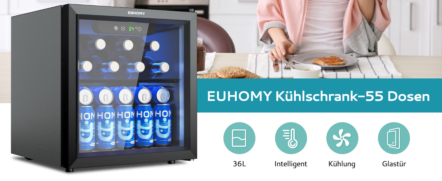 Міні-холодильник EUHOMY для напоїв на 55 банок, чорний, 36L, з дверцятами з прозорого скла, LED-підсвітка, тихий (43dB), для офісу, кімнати, бару