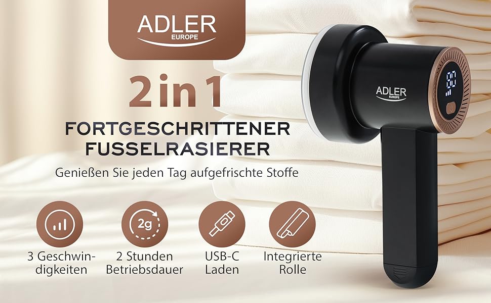 Машинка для видалення катишків Adler Europe: 6 лез, 3 швидкості, LED дисплей, USB зарядка, для одягу та тканин