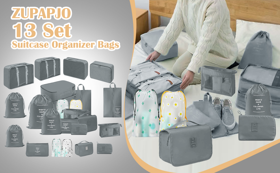 Набір органайзерів для валізи 13 шт., Packing Cubes, водонепроникні органайзери для подорожей та відпустки, дорожній органайзер з прозорими сумками (Сірий)