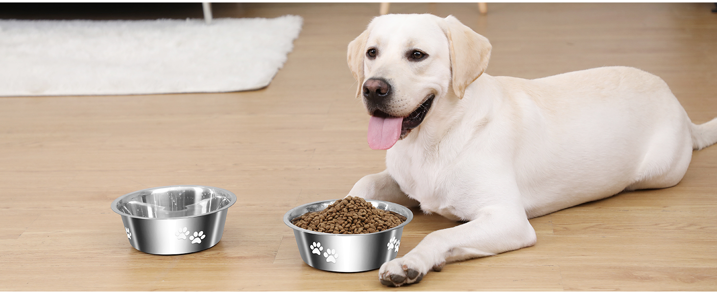 PETTOM Миски для собак з нержавіючої сталі, 2 шт. (3120 мл), миска для корму для собак великих, середніх та маленьких порід, миска для води з неслизьким силіконовим дном, розмір M - 21 см, срібний колір