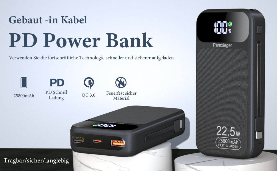 Power Bank 25800mAh 22,5W з LCD дисплеєм: швидка зарядка PD3.0 QC4.0, USB-C вхід/вихід, портативний зарядний пристрій для смартфонів