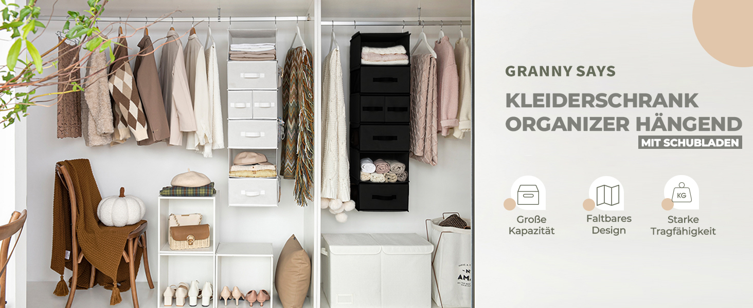 Органайзер для шафи GRANNY SAYS, підвісний, з шухлядами, 1 шт. – підвісне зберігання, полки, тканинний органайзер для спальні (чорний)
