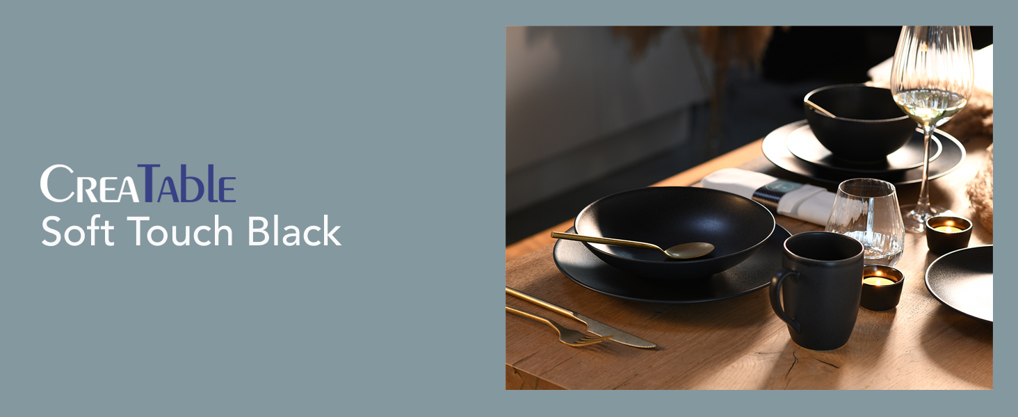 CreaTable Серія SOFT TOUCH BLACK: 20-Piece Geschirrset з порцеляни, для посудомийної машини та мікрохвильової печі, виготовлено в Португалії