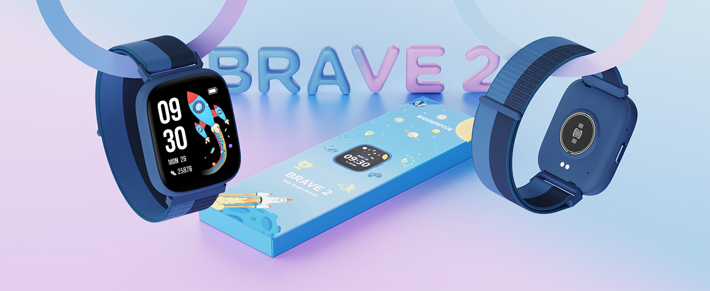 Смарт-годинник BIGGERFIVE для дітей, 1.8' екран, фітнес-трекер з підрахунком кроків, пульсометр, моніторинг сну, будильник, 5 ігор, водонепроникність IP68, ремінець з нейлону блакитного кольору