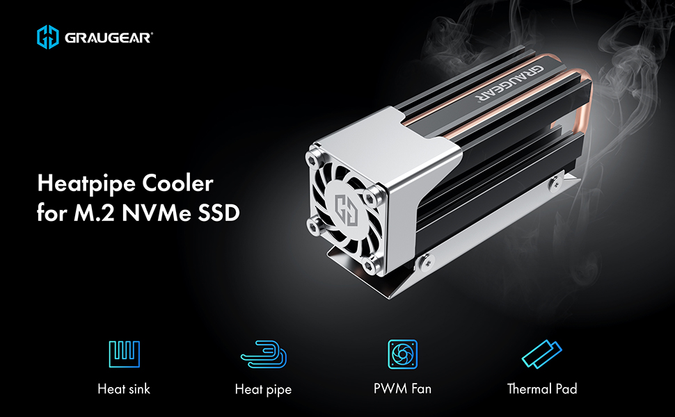 Охолоджувач SSD M.2 NVMe 2280 GrauGear з вентилятором PWM, тепловою трубою та термопадом